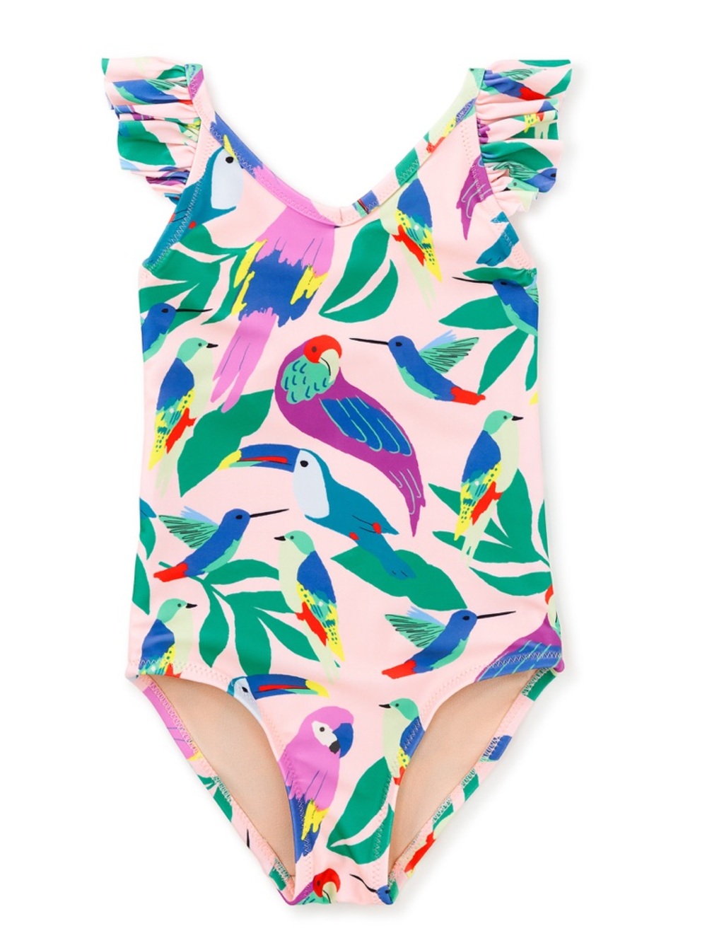 Tea Collection Ruffle One-Piece Swimsuit Tropical Bird Pink Green Girls 12